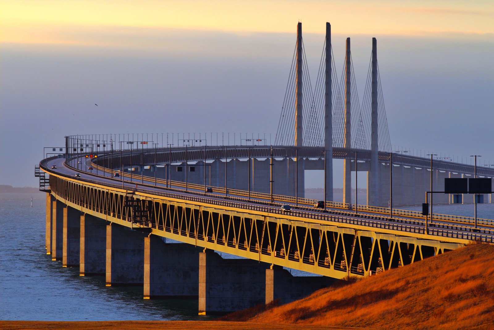 Øresund Bridge spanning Denmark and Sweden over sea with tunnel section