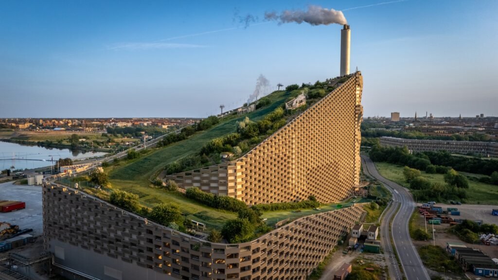 CopenHill power plant with ski slope and rooftop park in Copenhagen