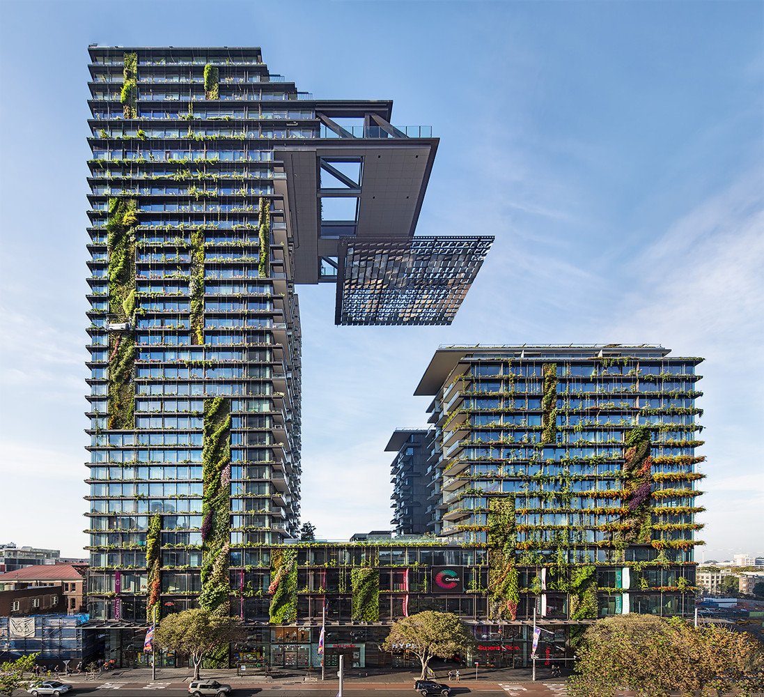 One Central Park Sydney exterior with cantilever heliostat reflecting sunlight