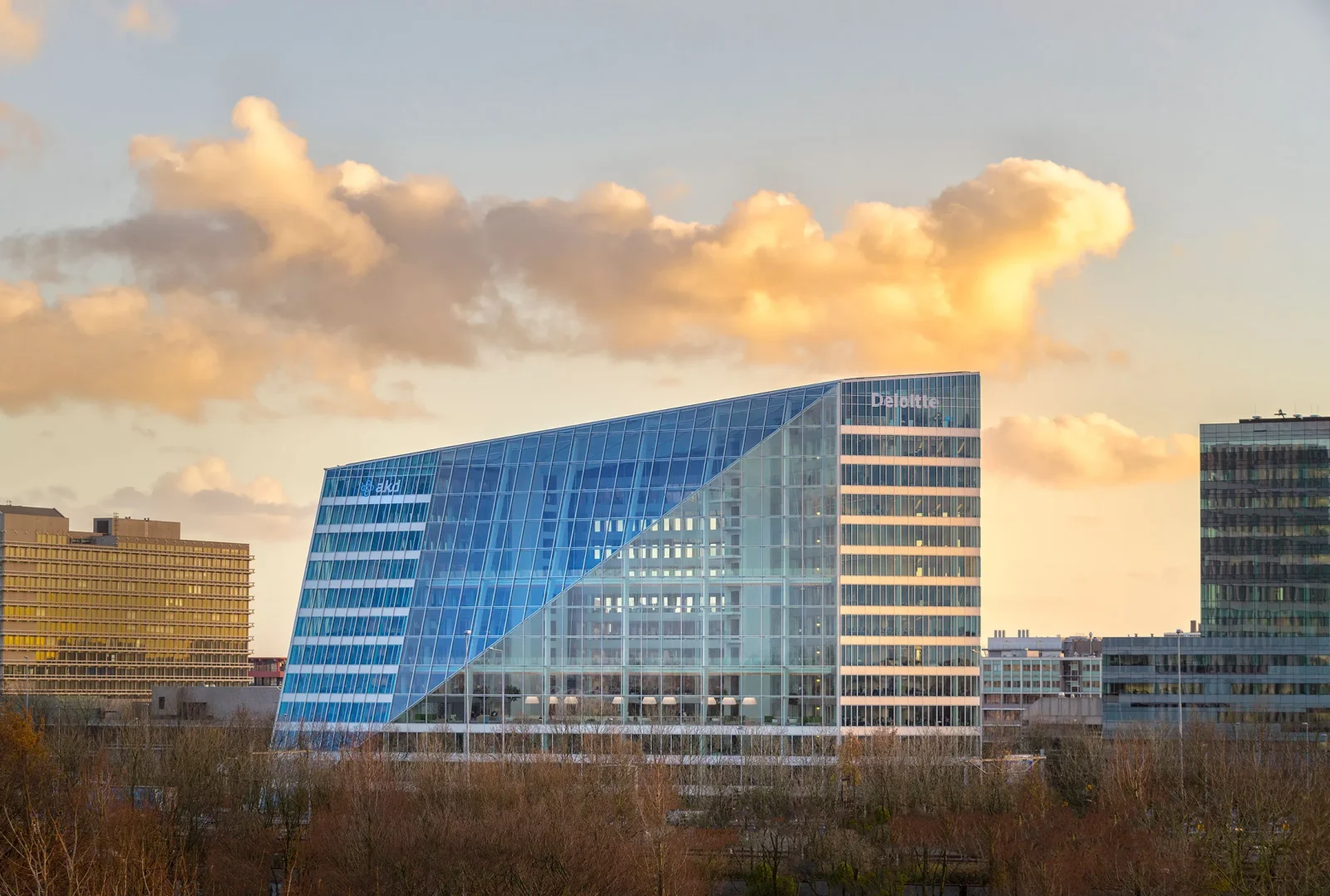 The Edge Amsterdam smart office building illuminated at dusk