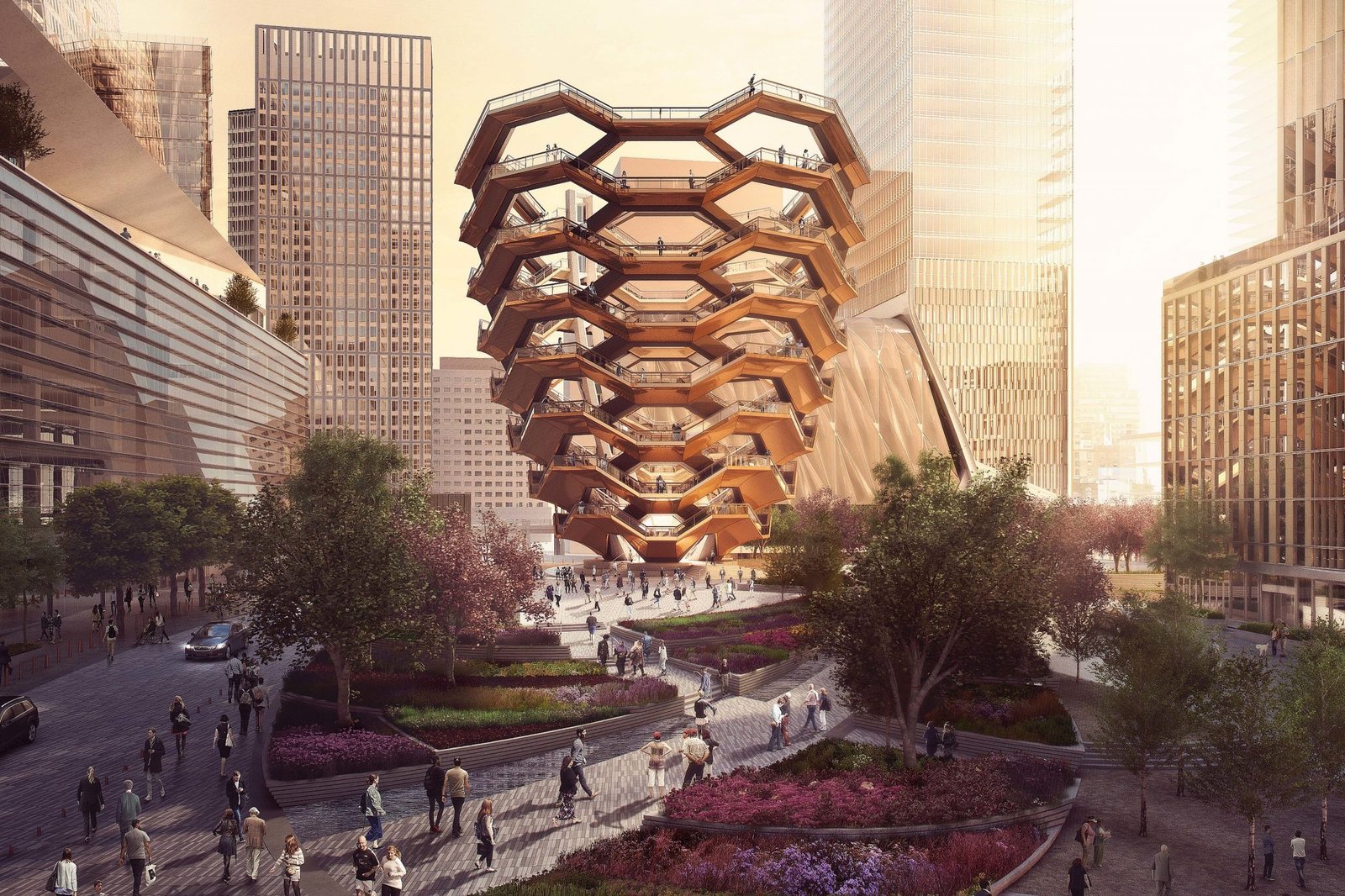 The Vessel at Hudson Yards New York City showing spiral staircases and copper cladding