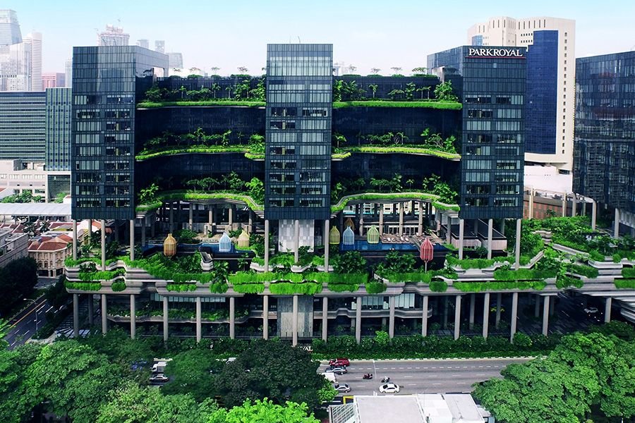 Sky garden at Parkroyal on Pickering with lush greenery and urban backdrop