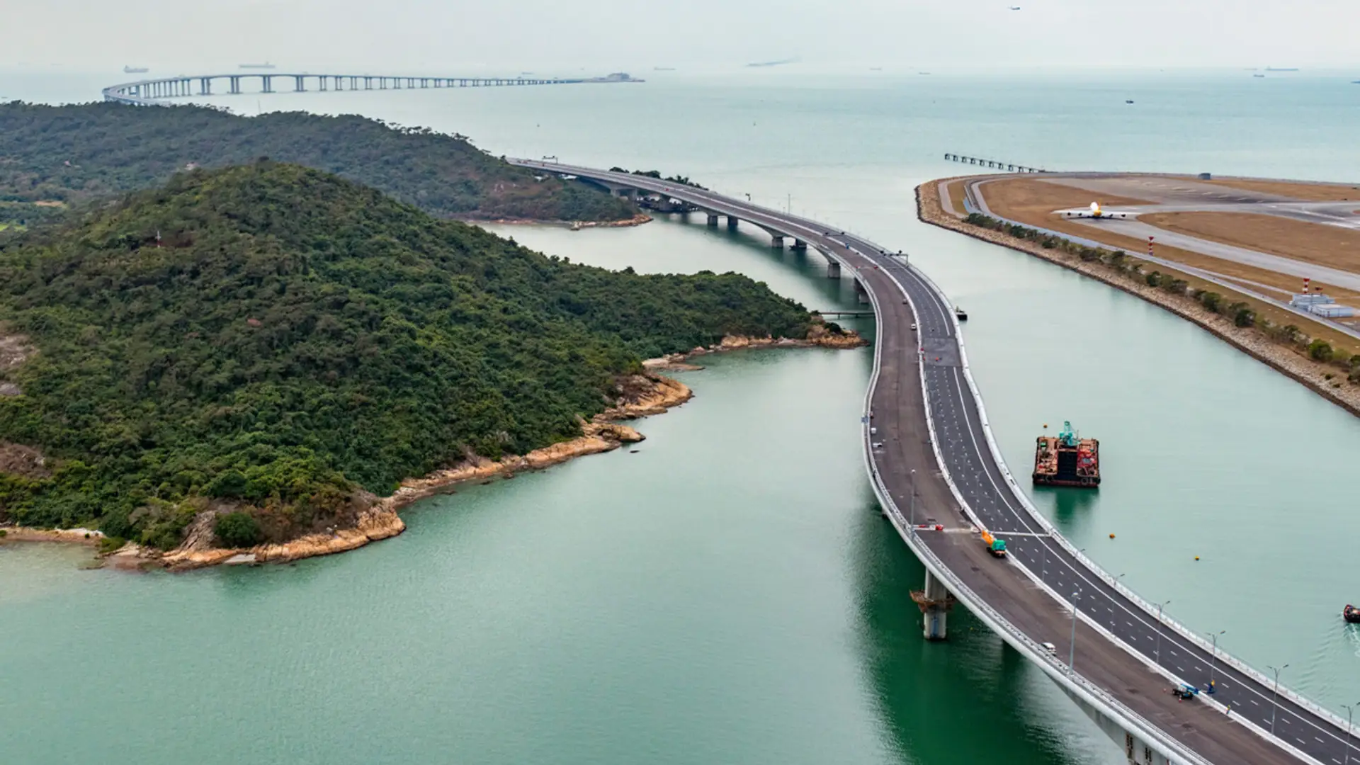 Foundation site view of Hong Kong–Zhuhai–Macao Bridge with construction equipment