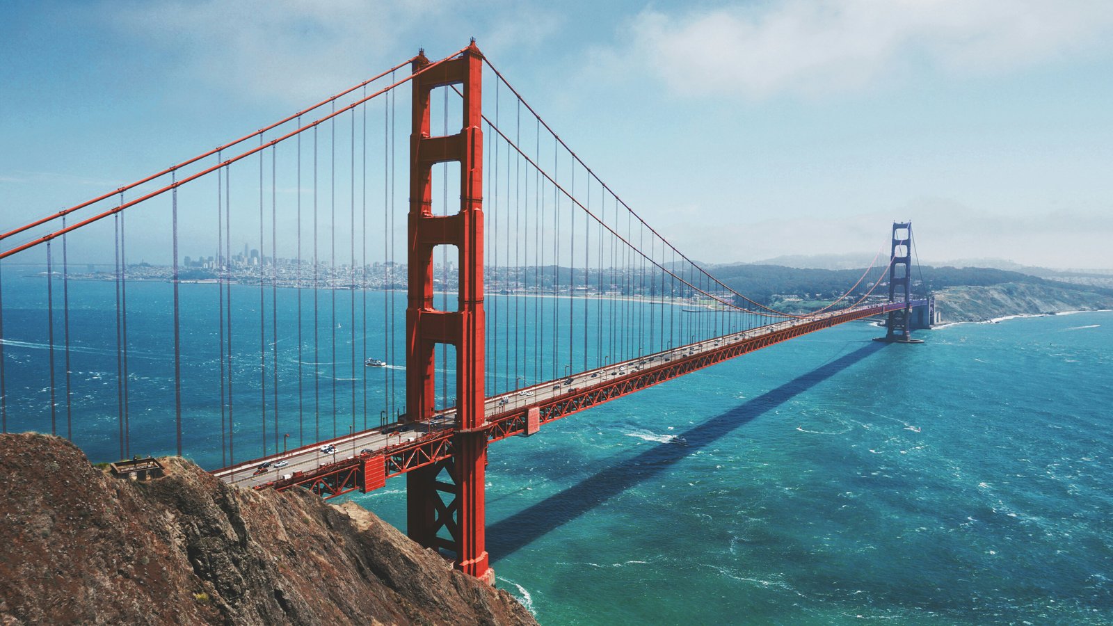 Golden Gate Bridge spanning San Francisco Bay under clear sky