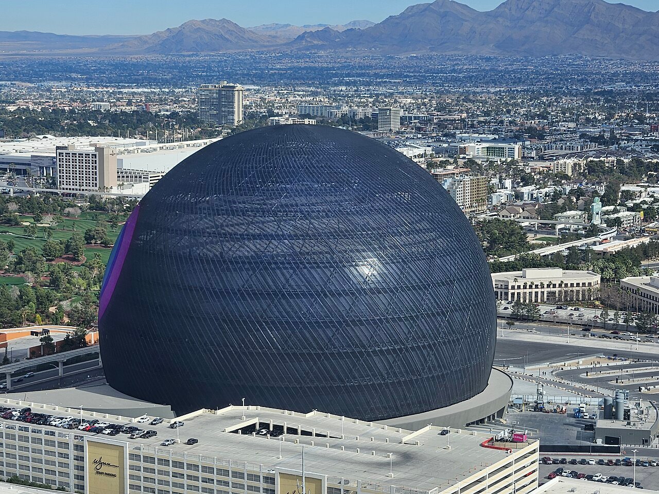 View of the MSG Sphere in Las Vegas illuminated at night