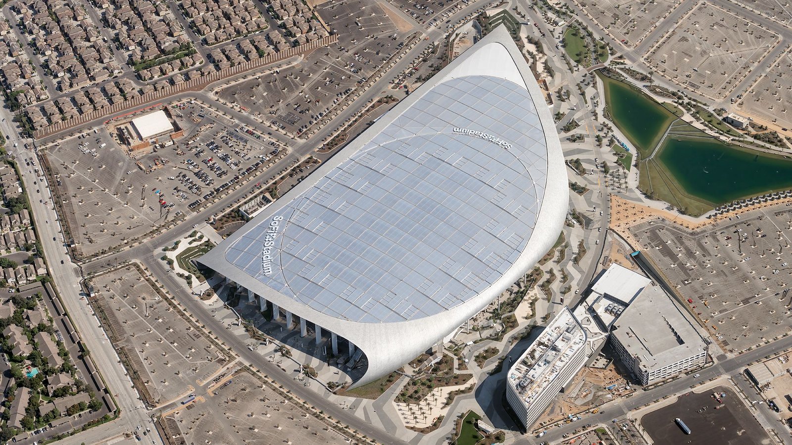 SoFi Stadium in Los Angeles, showcasing its massive structure.